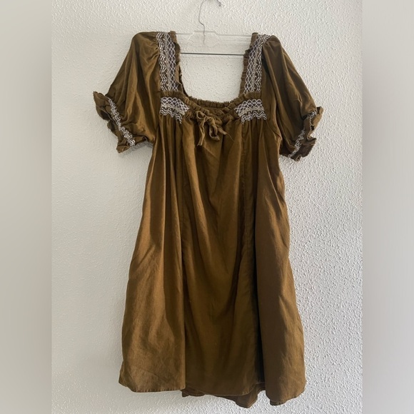 Madewell Womens Smocked Neck Linen Olive Green Puff-Sleeve Mini Dress Sz S - Picture 4 of 13